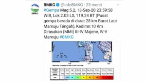 Gempa 5.2 Magnitudo Guncang Mamuju Tengah, Sulawesi Barat