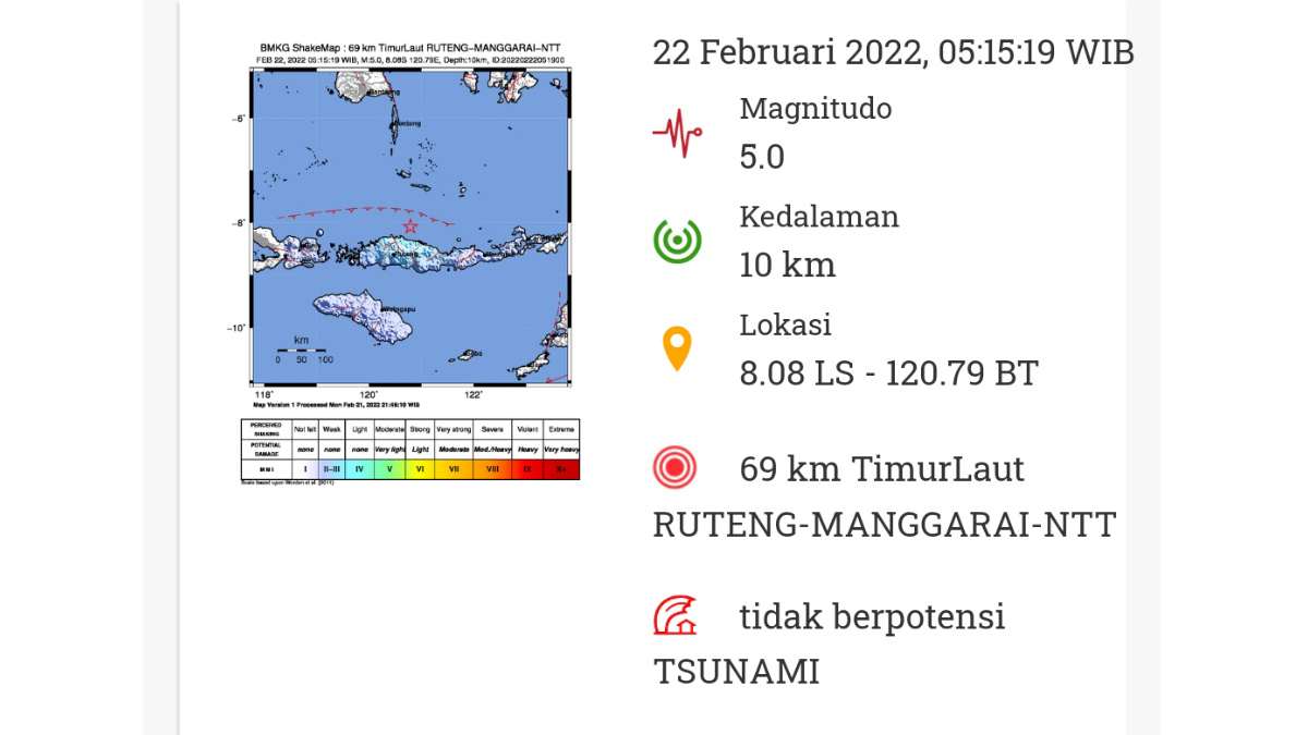 Gempa 5.0 Magnitudo Guncang Ruteng Manggarai NTT