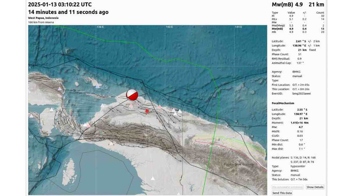 Gempa Bumi M4,9 Guncang Sarmi Papua