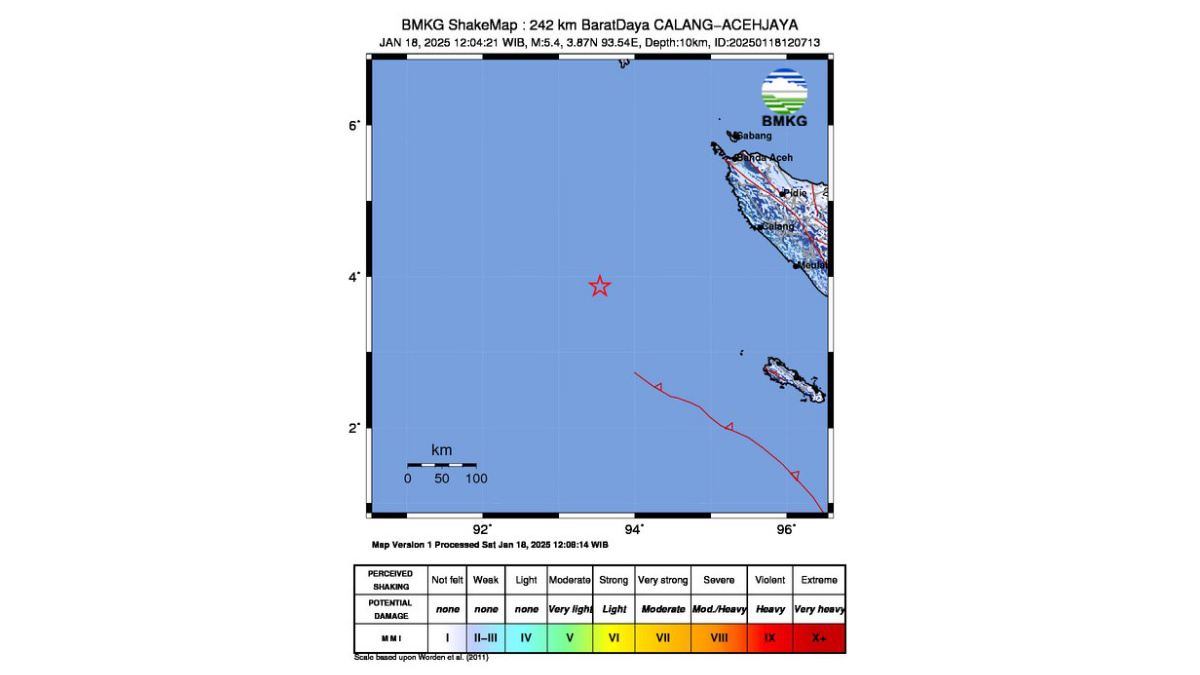 Gempa Bumi M5,4 Guncang Barat Daya Calang, Aceh Jaya